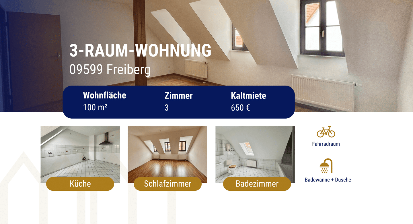 Großzügig wohnen im Dachgeschoss – 3-Raum-Wohnung mit ca. 100 m², 9599 Freiberg