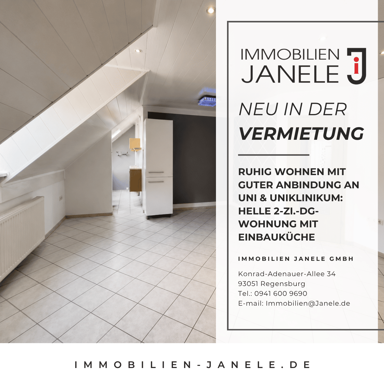 Ruhig wohnen mit guter Anbindung an Uni & Uniklinikum: Helle 2-Zi.-DG-Wohnung mit Einbauküche, 93080 Pentling