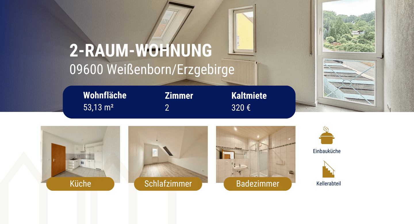 Gepflegte 2-Zimmer-Dachgeschosswohnung mit Einbauküche und offenem Wohnbereich, 9600 Weißenborn/Erzgeb.