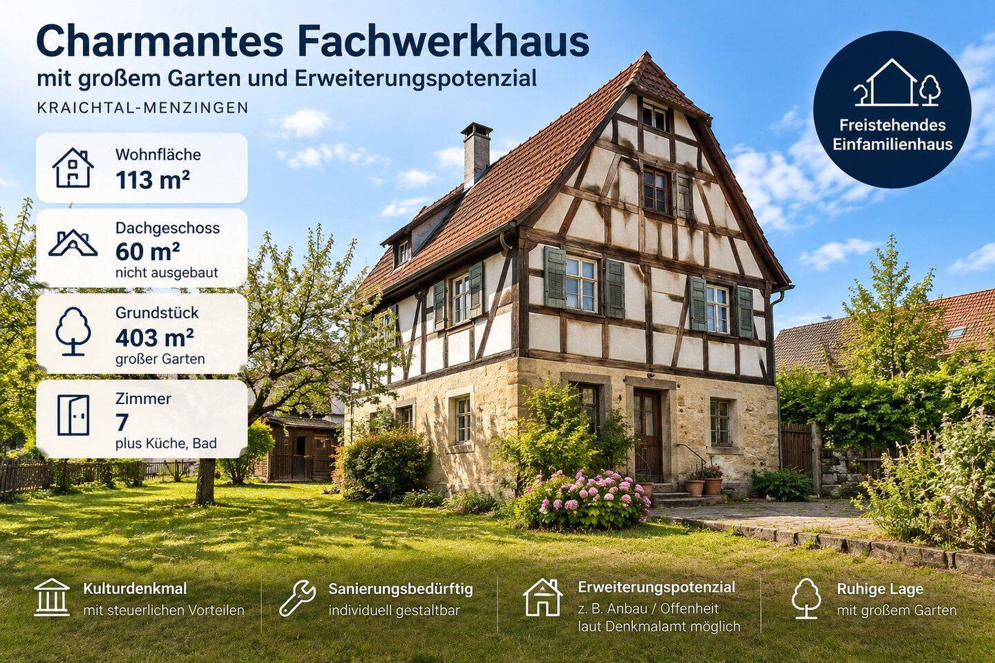 Fachwerkhaus mit Erweiterungspotenzial in Kraichtal-Menzingen mit 400 m² Grundstück, 76703 Kraichtal