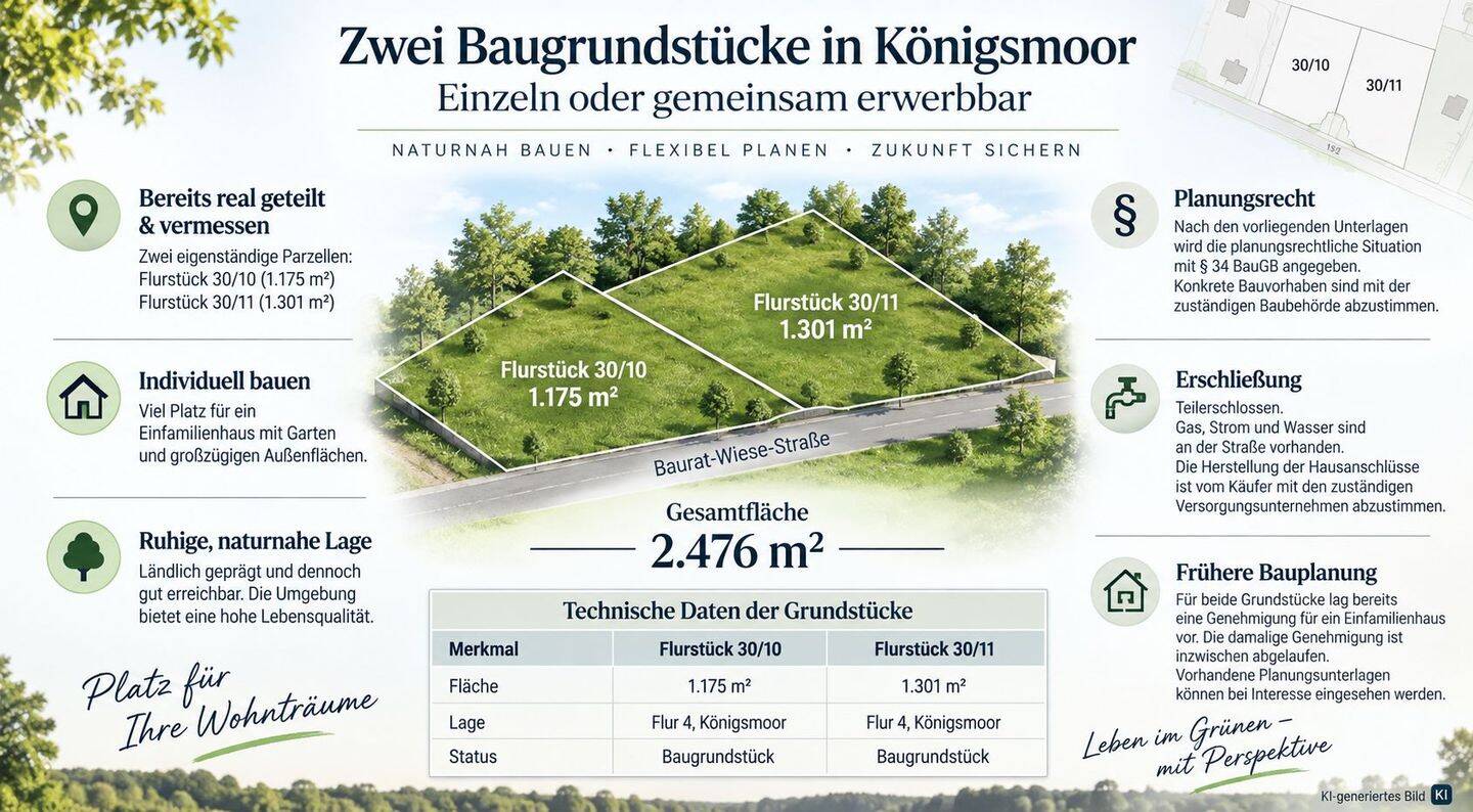 Baugrundstück in Königsmoor 1.175 m² real geteilt & vermessen großzügig bauen im Grünen, 21255 Königsmoor