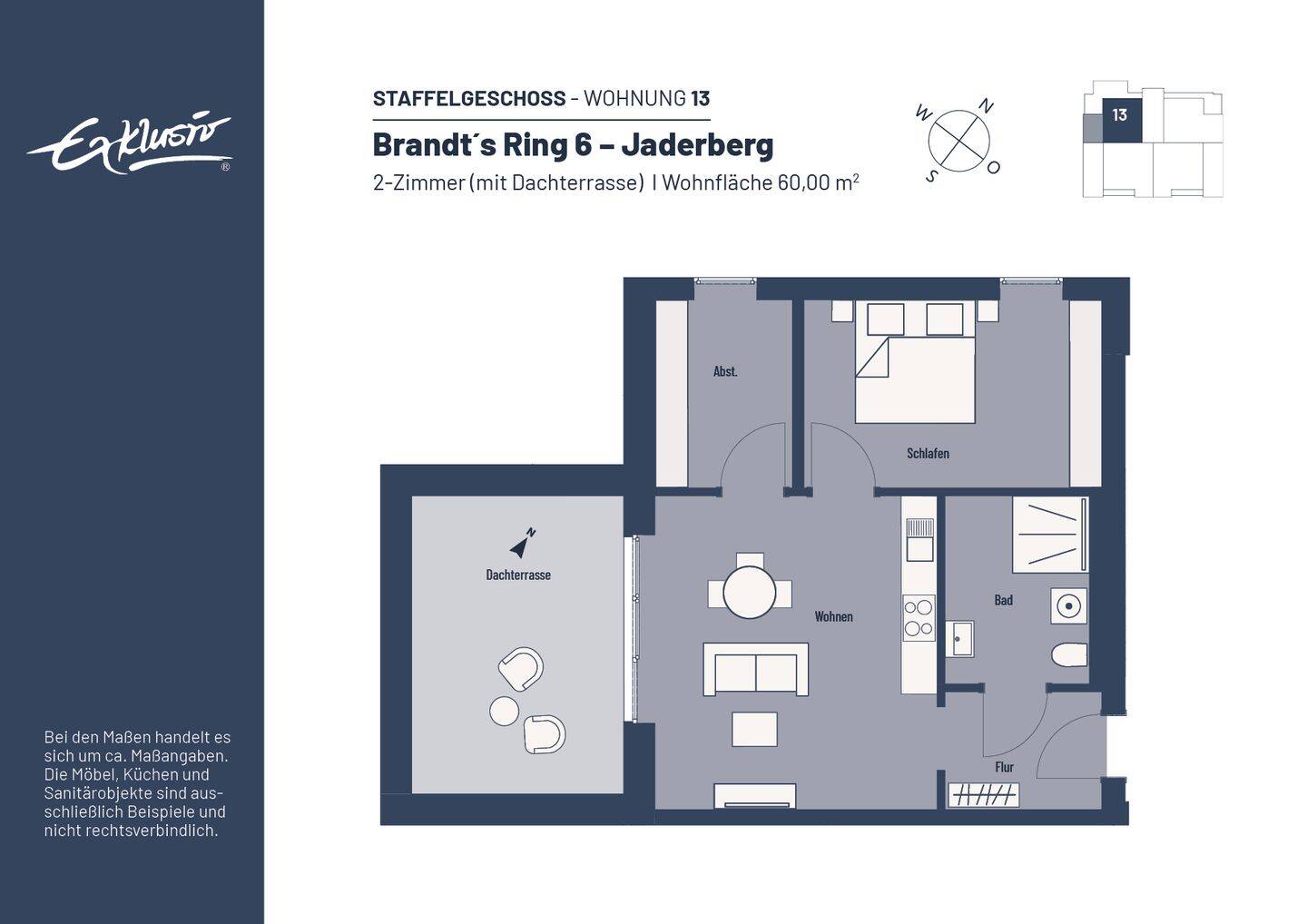 WBS erforderlich | 2-Zi.-Whg. | Dachterrasse. Anfrage über: https://brandtsring.exklusiv-wohnbau.de, 26349 Jade