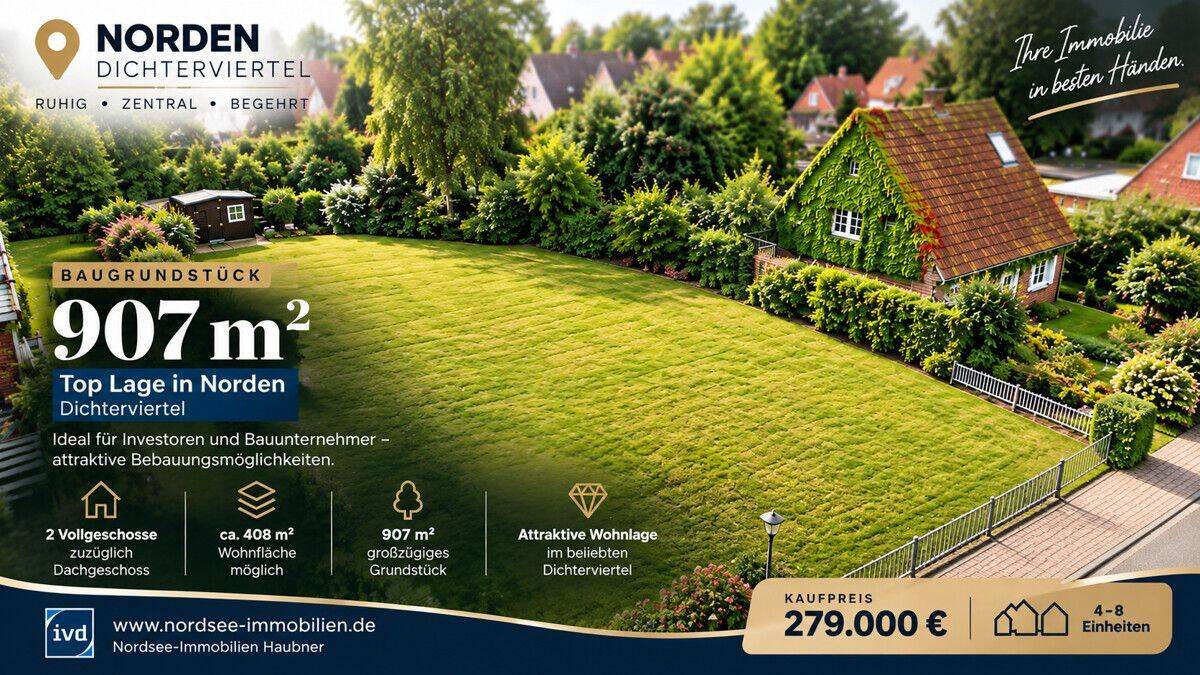 Baugrundstück im Dichterviertel – Potenzial für 4-8 WE beste Lage Norden n. Norddeich, 26506 Norden