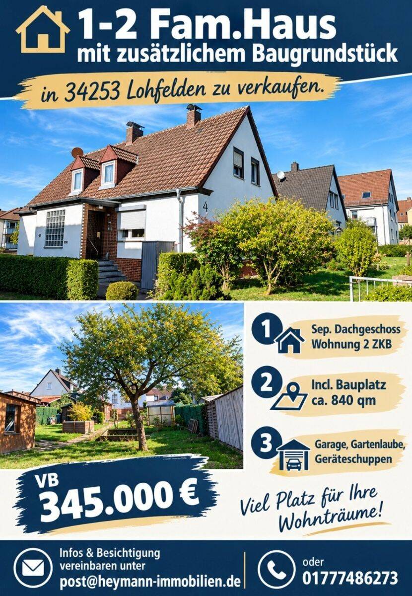 gepflegtes 1-2 Fam. Haus einschl. zusätzlichem Bauplatz, ruhiger Lage Lohfelden zu verkaufen, 34253 Lohfelden