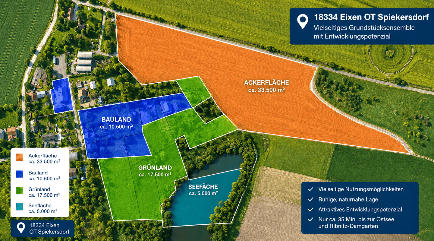 Einmaliges Grundstücksensemble – ca. 66.500m² in 18334 Eixen OT Spiekersdorf mit Bauland + Ackerland + Grünland + Seefläche, 18334 Eixen