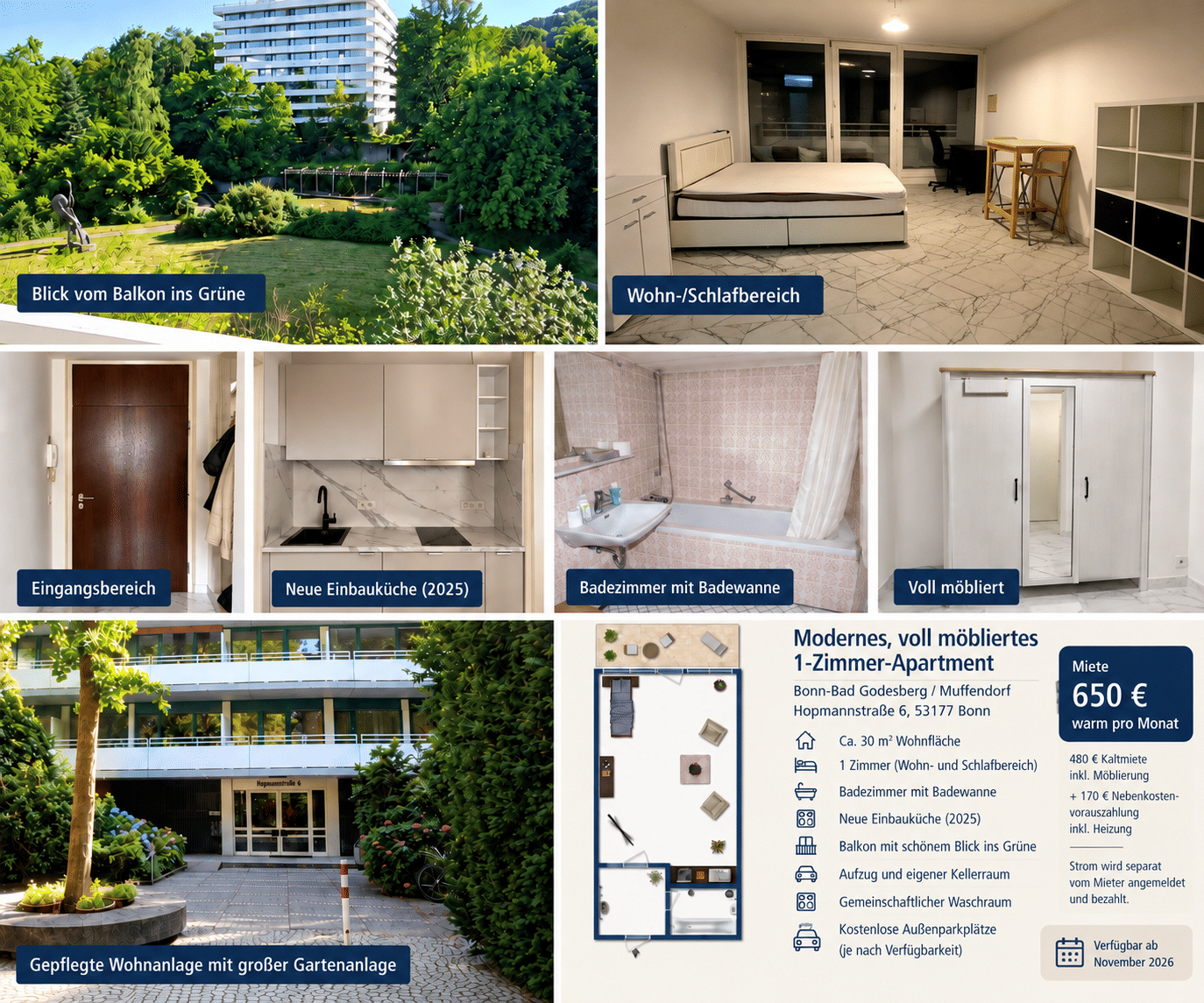 Helles, voll möbliertes 1-Zimmer-Apartment mit Garten, Balkon und Bilk ins Grüne, 53177 Bonn