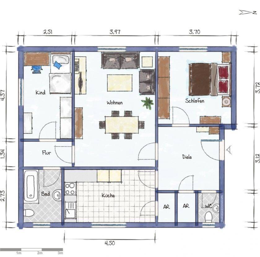 Helle 3-Zimmer-EG-Wohnung, 88 m², mit Einbauküche, Gäste-WC und Stellplatz in Niederdollendorf, 53639 Königswinter