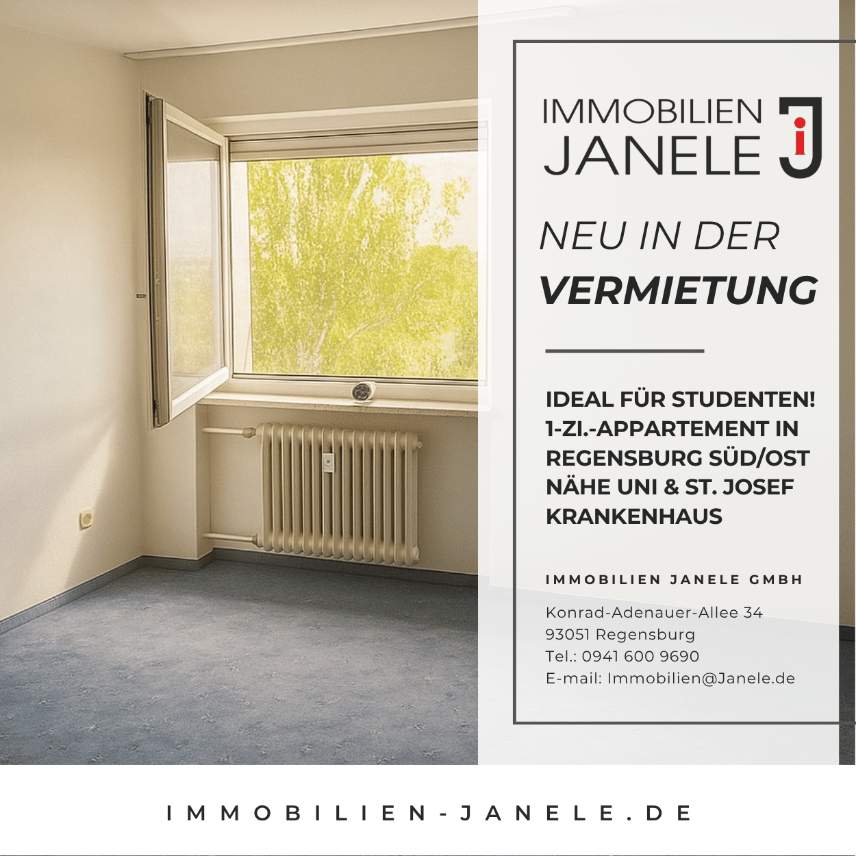 Schönes 1-Zi.-Appartement in Regensburg Süd/Ost nähe Uni / St. Josef Krankenhaus, 93053 Regensburg (Galgenberg Kasernenviertel Kumpfmühl-Ziegetsdorf-Neuprüll Oberisling-Graß)