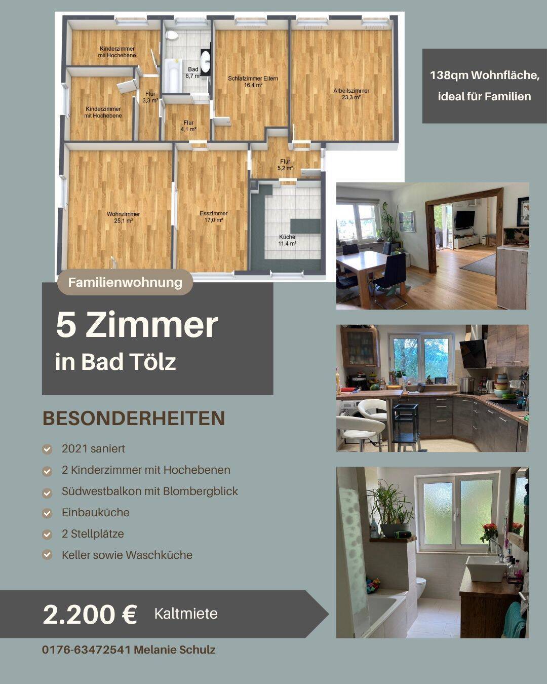 Lichtdurchflutete 5-Zimmer-Traumwohnung in Bad Tölz (138 m²) mit Blomberg-Blick, 83646 Bad Tölz
