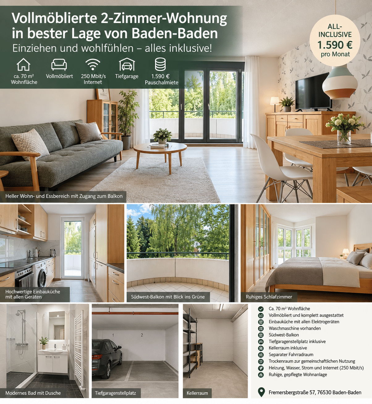 Vollmöblierte 2-Zimmer-Wohnung mit Balkon, Fußbodenheizung und Tiefgarage ALL-INCLUSIVE ·  Ab sofort verfügbar, 76530 Baden-Baden (Ebersteinburg Innenstadt Lichtental Varnhalt Weststadt)