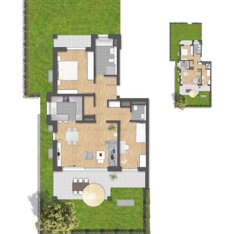 3-Zi.-Wohnung,2 überdachten Terrassen, Gartenanteil, 71272 Renningen