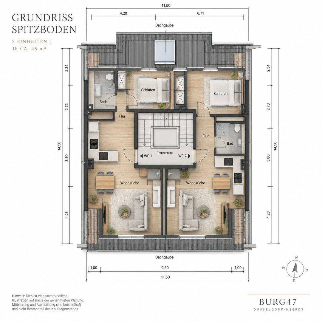 Genehmigter DG-Rohling in Düsseldorf-Heerdt – zwei Mal ca. 47 m² – jeweils nur 59.000 €, 40549 Düsseldorf (Heerdt Oberkassel)