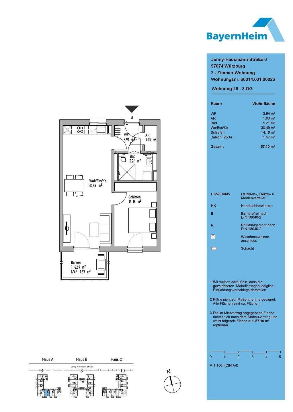 Erstbezug: EOF-Wohnung | 3-Zimmer (EK II), 97074 Würzburg (Frauenland Sanderau)
