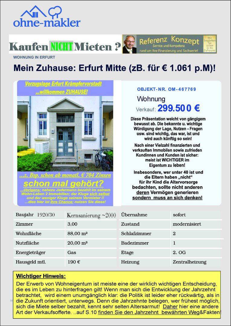 Mein Zuhause: Erfurt Mitte (zB. für € 1.061 p.M)!, 99085 Erfurt (Daberstedt Hohenwinden Ilversgehofen Johannesvorstadt Krämpfervorstadt)