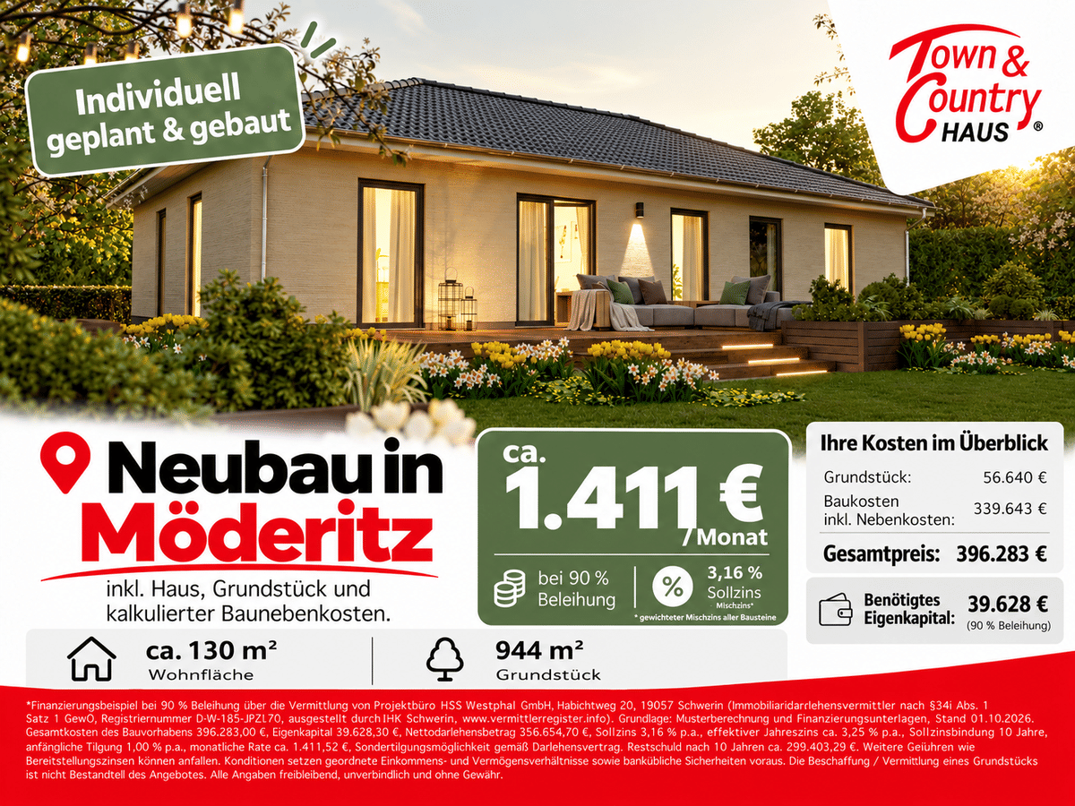 Neubau in Möderitz: 130 m² auf 944m² Grundstück | ca. 1.411 € mtl., 19370 Parchim