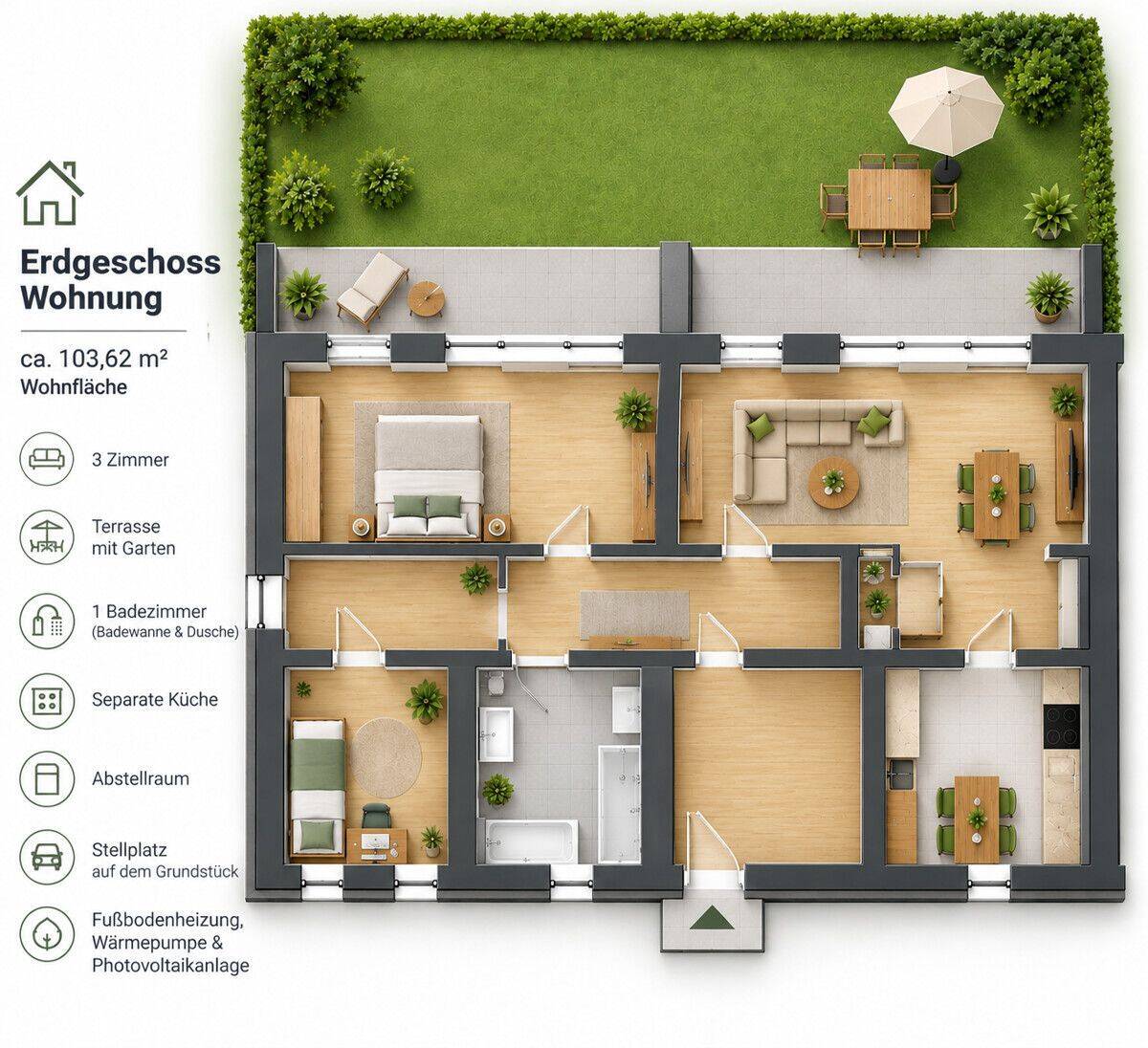 Moderne 3-Zimmer-Erdgeschosswohnung mit Fußbodenheizung, Terrasse & Einbauküche, 6217 Merseburg