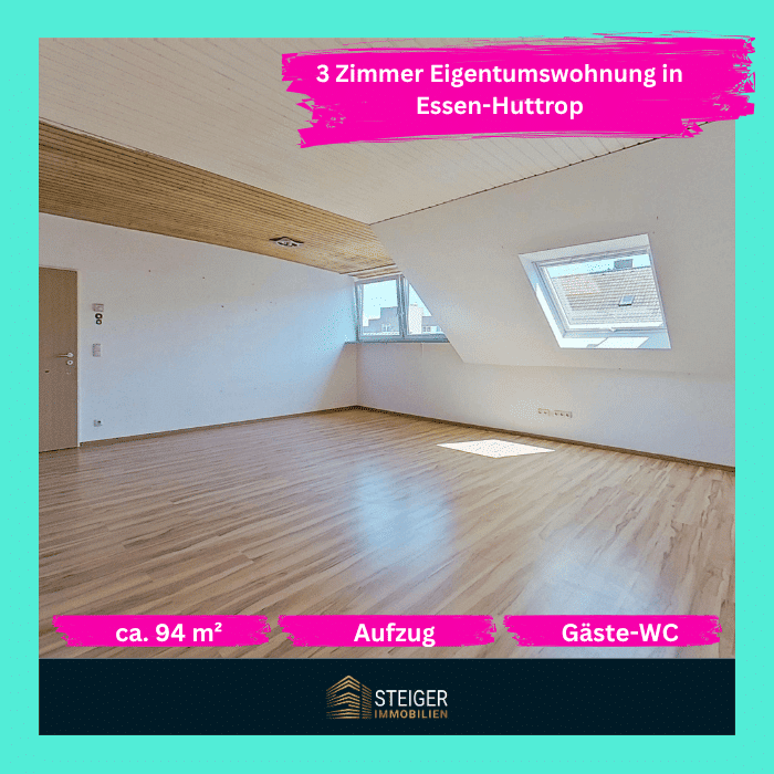 Großzügige 3-Zimmer-Dachgeschosswohnung mit Aufzug in Essen-Huttrop ca. 94m², 45139 Essen (Frillendorf Huttrop Ostviertel Südostviertel)
