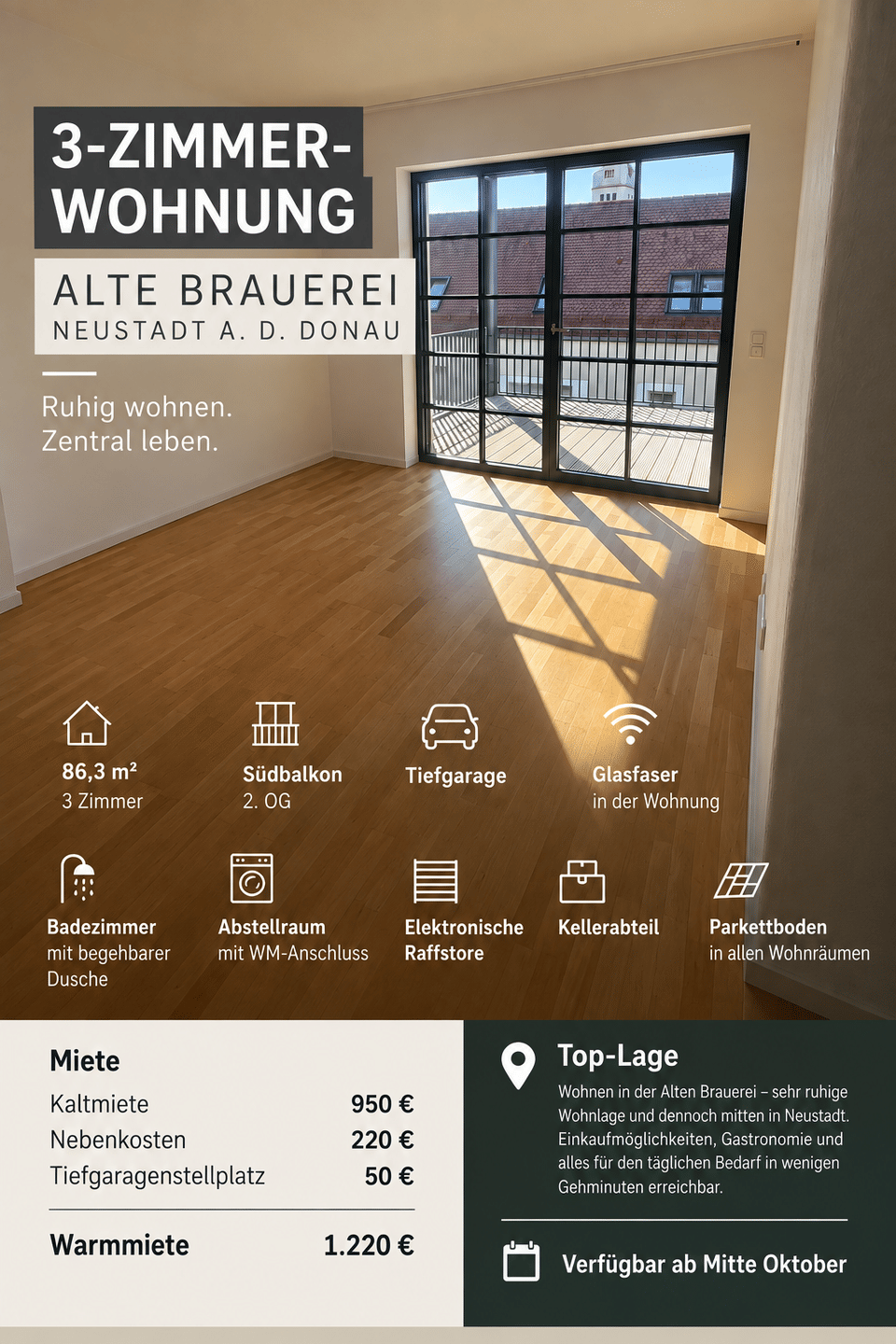 Hochwertige 3-Zimmer-Wohnung mit Südbalkon in sensationeller Lage – Alte Brauerei Neustadt, 93333 Neustadt a.d. Donau