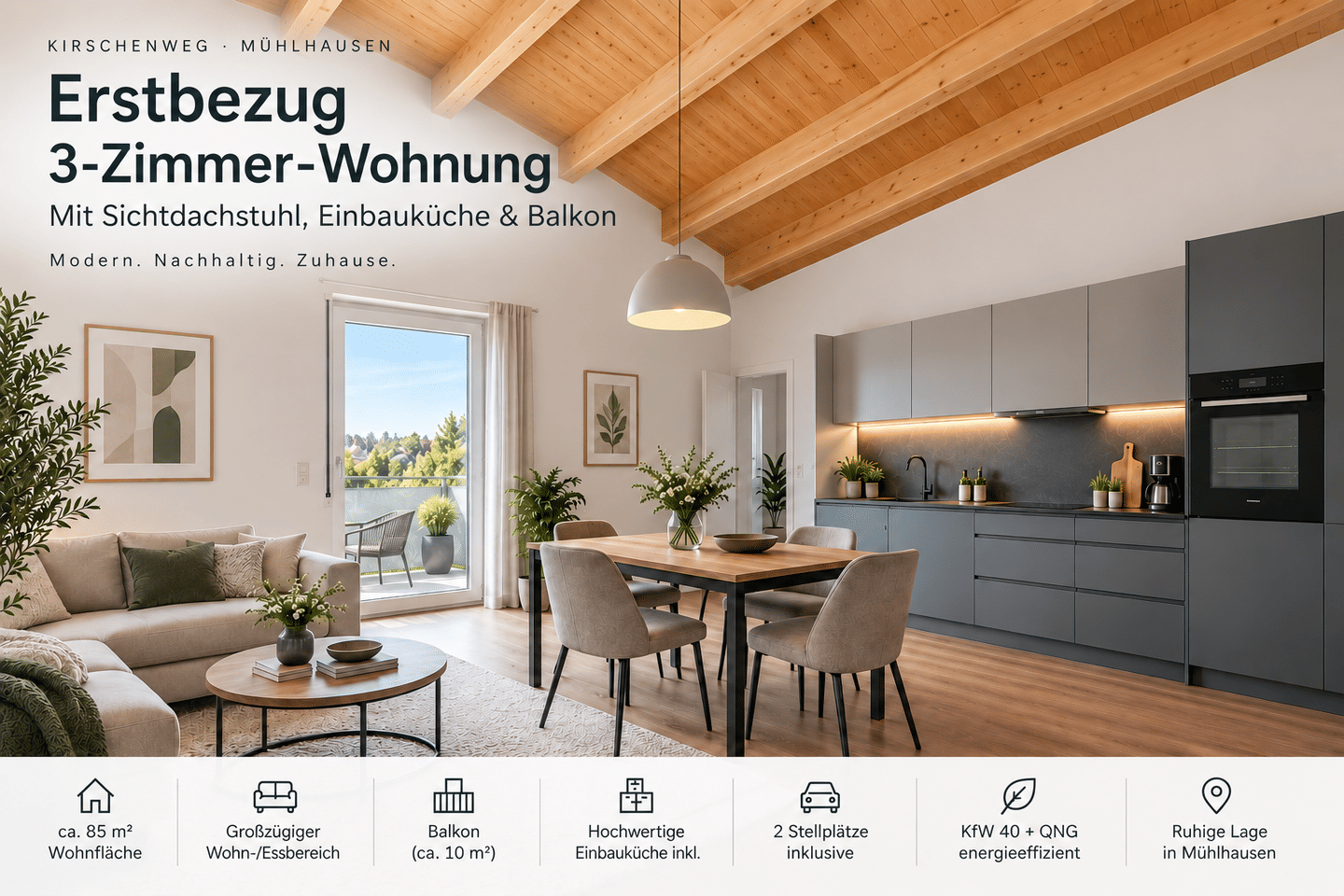 Erstbezug: 3-Zimmer-Wohnung mit Sichtdachstuhl, Einbauküche & Balkon, 96172 Mühlhausen