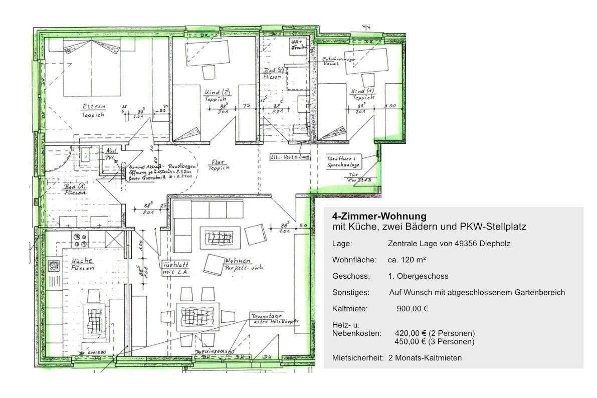 Sonnige 4-Zimmer-Wohnung, mit ca. 120 m², mit Einbauküche, zwei gepflegten Bädern, eigenem PKW-Stellplatz und tollem Gartenanteil in zentraler Lage vo, 49356 Diepholz