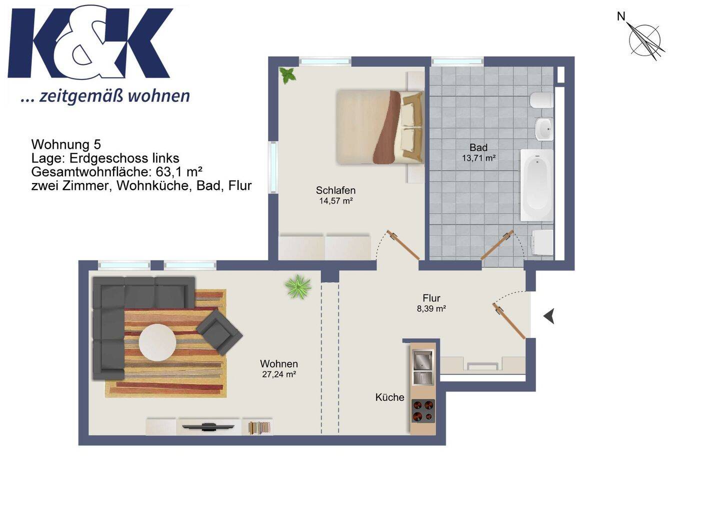 Charmante 2-Zimmer-Wohnung zur Miete in Stralsund – Barther Str. 57, 18437 Stralsund