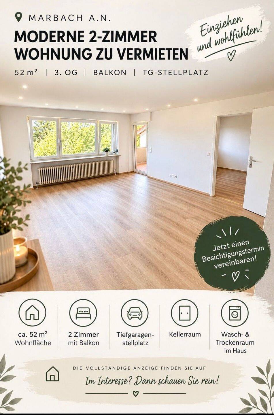 Moderne 2-Zimmer-Wohnung mit Tiefgarage, Keller und Balkon, 71672 Marbach am Neckar