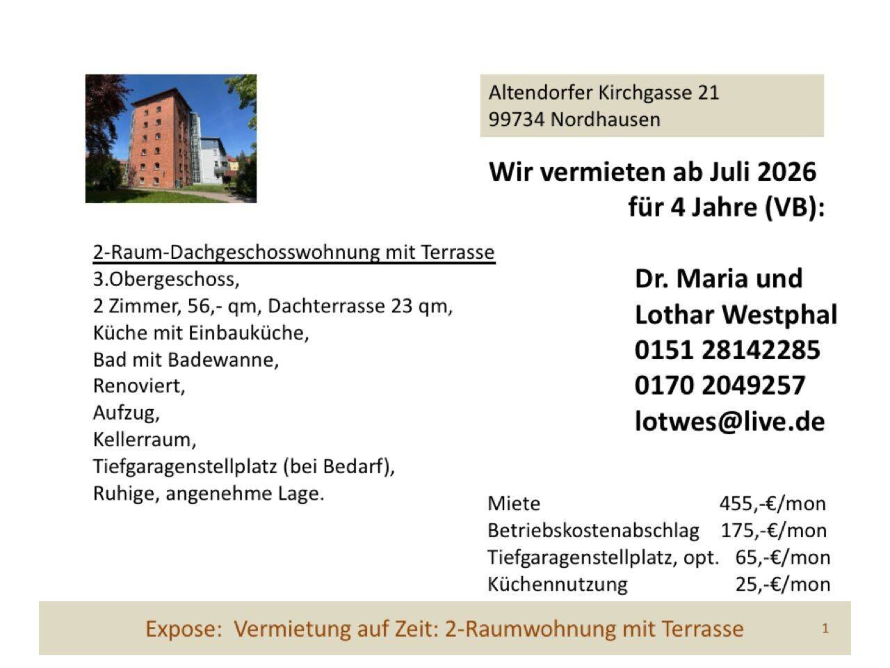 Vermiete Zweiraumwohnung mit Dachterrasse, 99734 Nordhausen