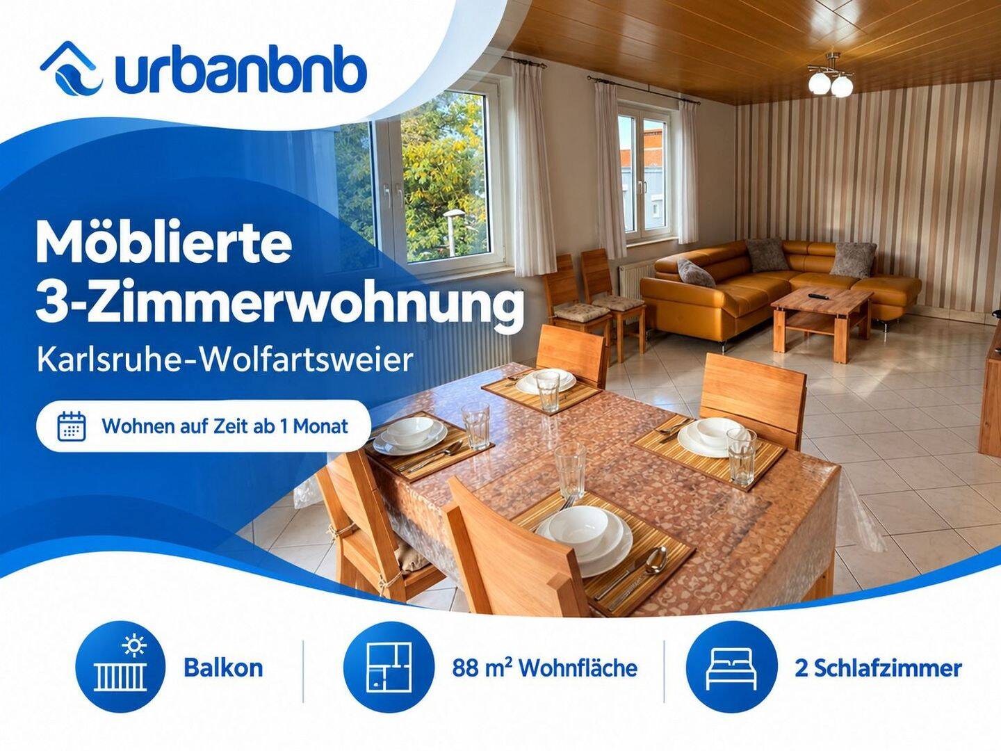 3-Zimmerwohnung mit Balkon für Wohnen auf Zeit in Karlsruhe-Wolfartsweier, 76228 Karlsruhe