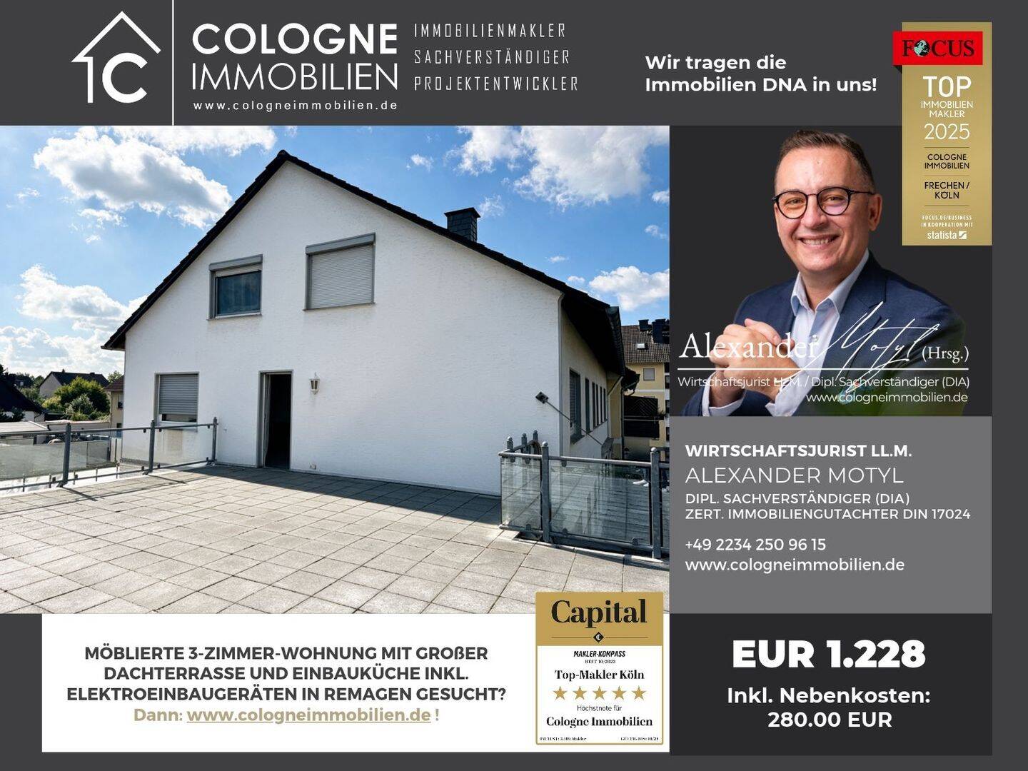MÖBLIERTE 3-ZIMMER-WOHNUNG MIT GROßER DACHTERRASSE UND EINBAUKÜCHE INKL. ELEKTROEINBAUGERÄTEN, 53424 Remagen