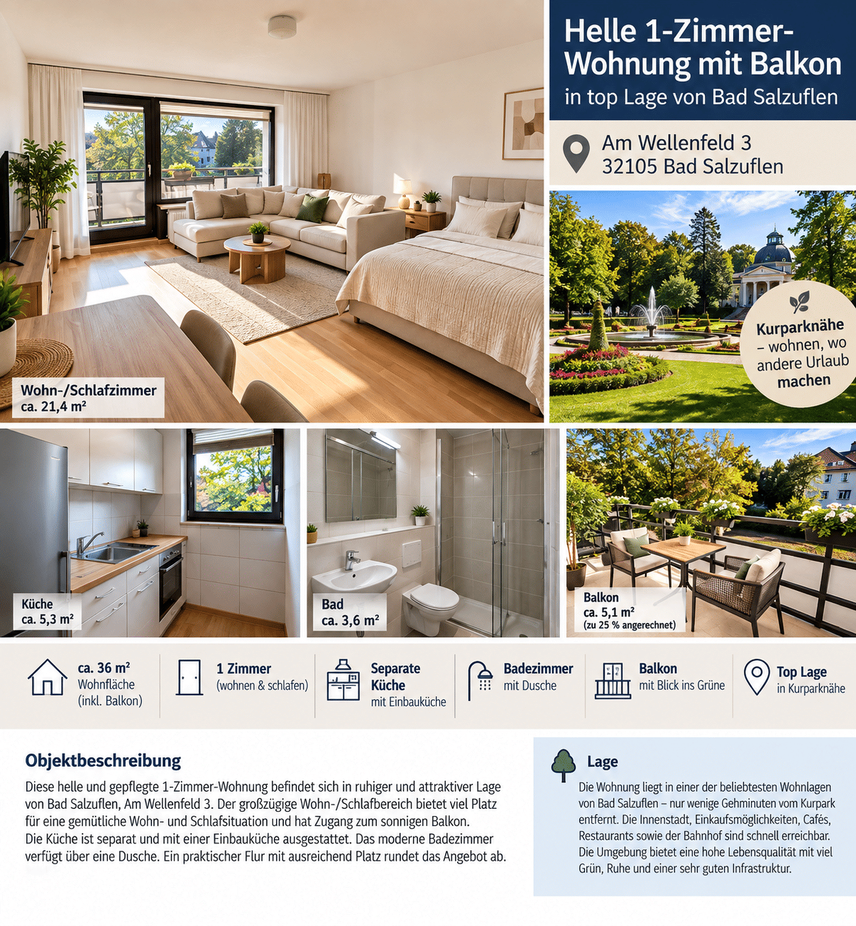 Helle 1-Zimmer-Wohnung mit Balkon & EBK – Kurparknähe, 32105 Bad Salzuflen