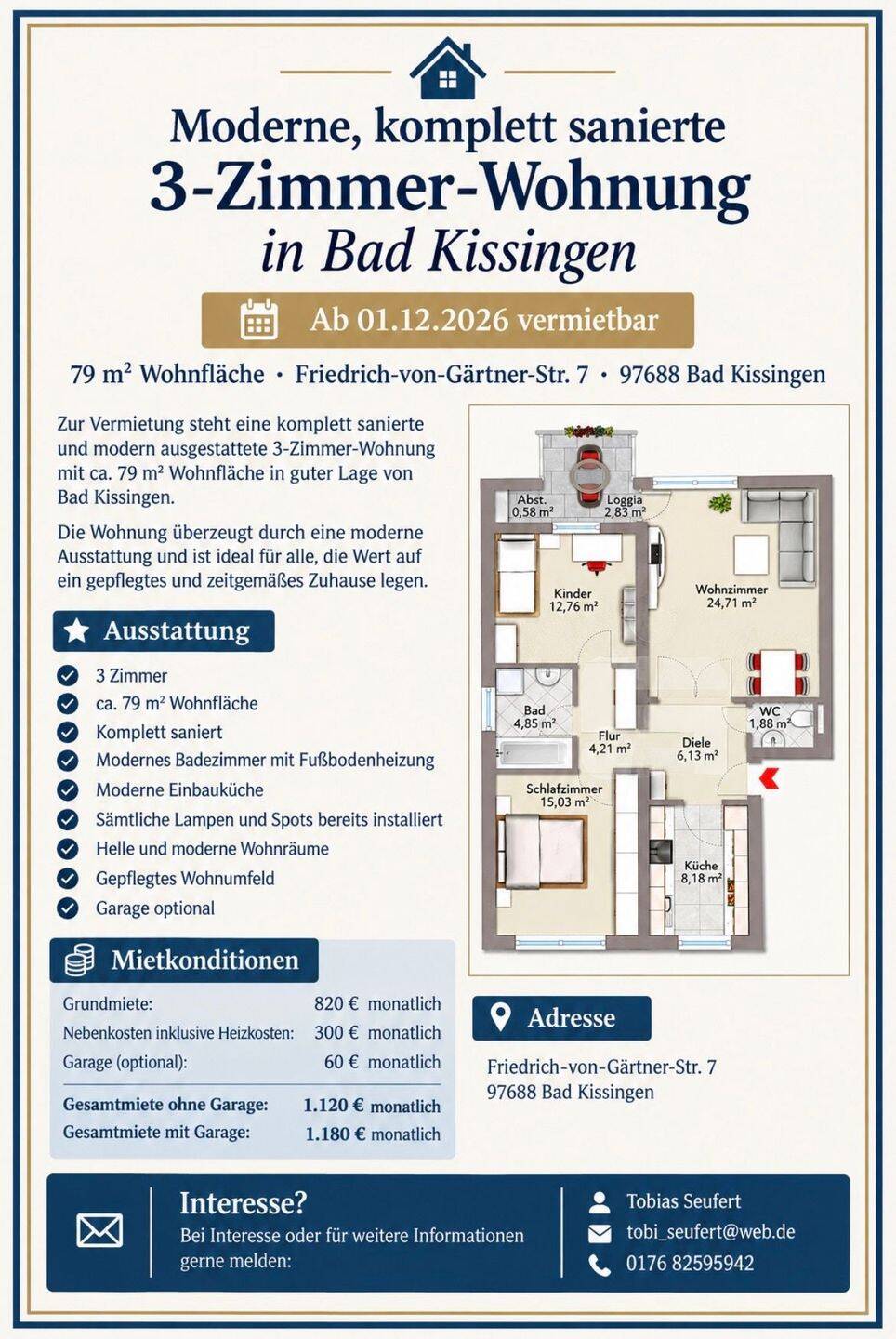 Moderne, komplett sanierte 3-Zimmer-Wohnung in Bad Kissingen, 97688 Bad Kissingen