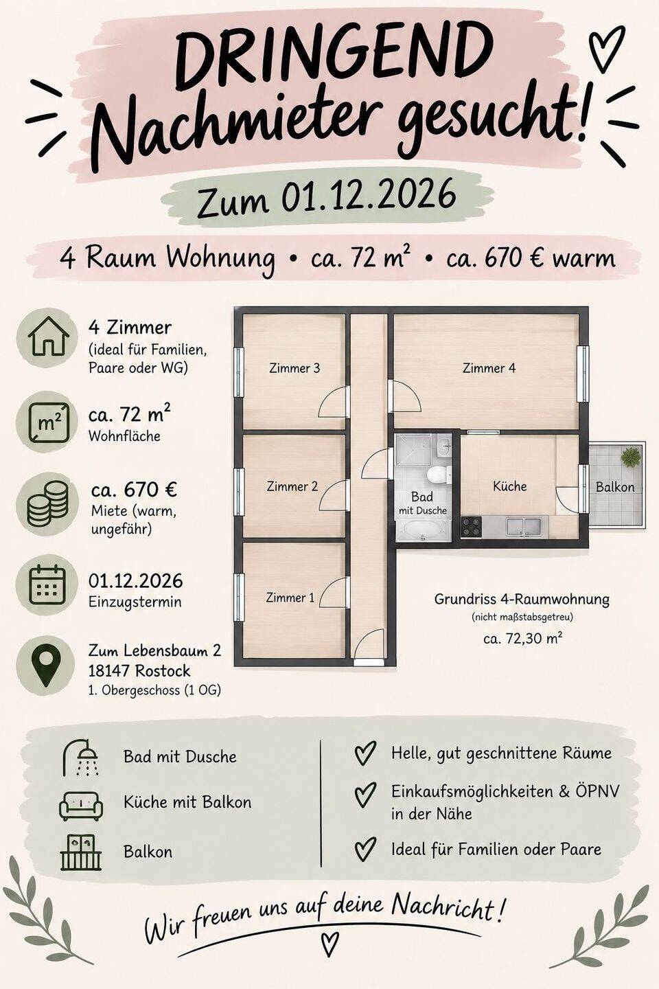 4 Raum Wohnung Toitenwinkel, 18147 Rostock