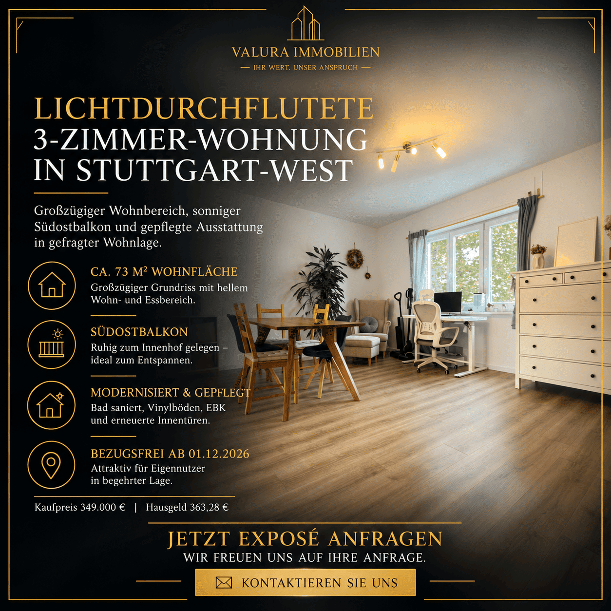 Lichtdurchflutete 3-Zimmer-Wohnung mit großzügigem Wohnbereich und sonnigem Balkon in Stuttgart-West, 70193 Stuttgart (Nord West)