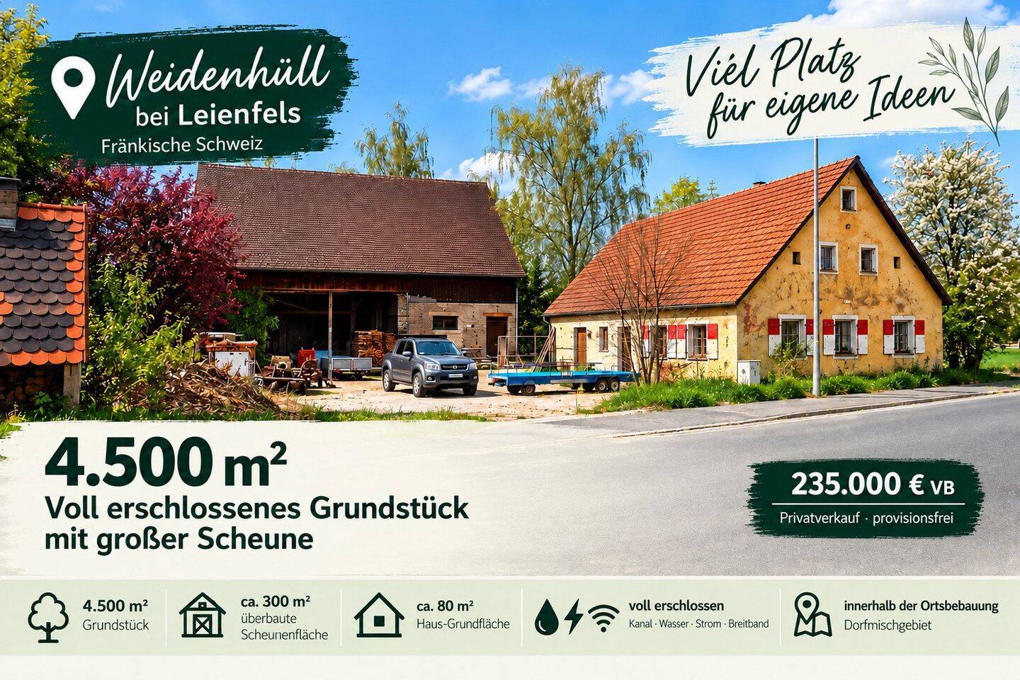 4.500 m² Anwesen mit großer Scheune & Bauernhaus – voll erschlossen, 91278 Pottenstein