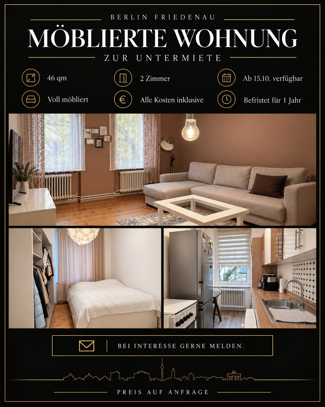 Voll möbilierte Wohnung Untermiete 1,5 Jahre, 12159 Berlin (Tempelhof-Schöneberg Friedenau Schöneberg)