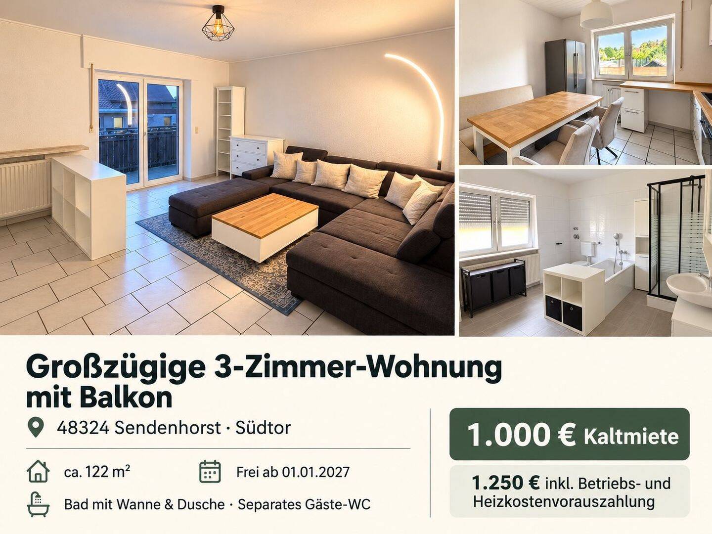Großzügige 3-Zimmer-Wohnung mit Balkon in Sendenhorst, 48324 Sendenhorst