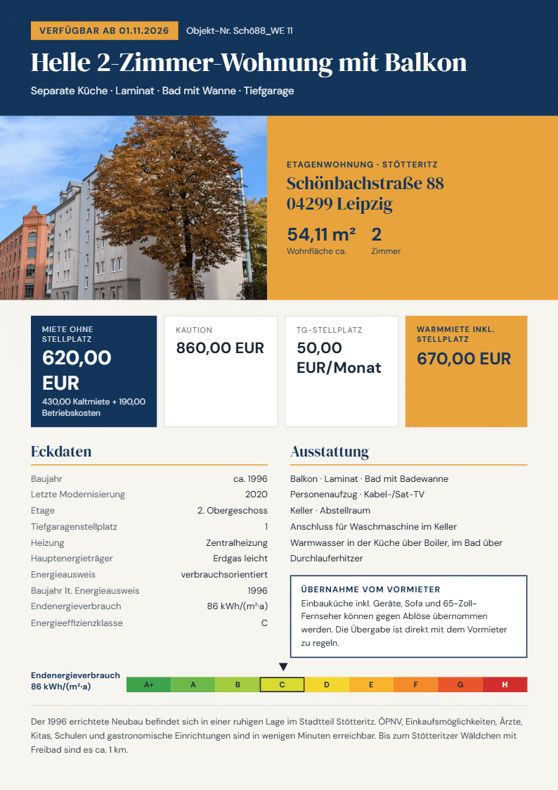 Gemütliche 2-Zimmer-Wohnung mit Balkon und Tiefgaragenstellplatz, 4299 Leipzig (Probstheida Stötteritz)