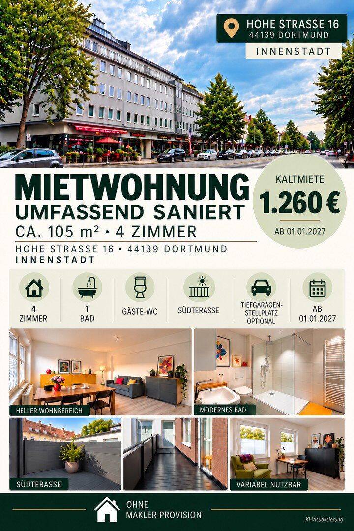 Neu sanierte 105m² 4-Zimmer-Wohnung mit Dachterrasse & optionalem TG-Stellplatz in Top-Lage, 44139 Dortmund (Brünninghausen Mitte)