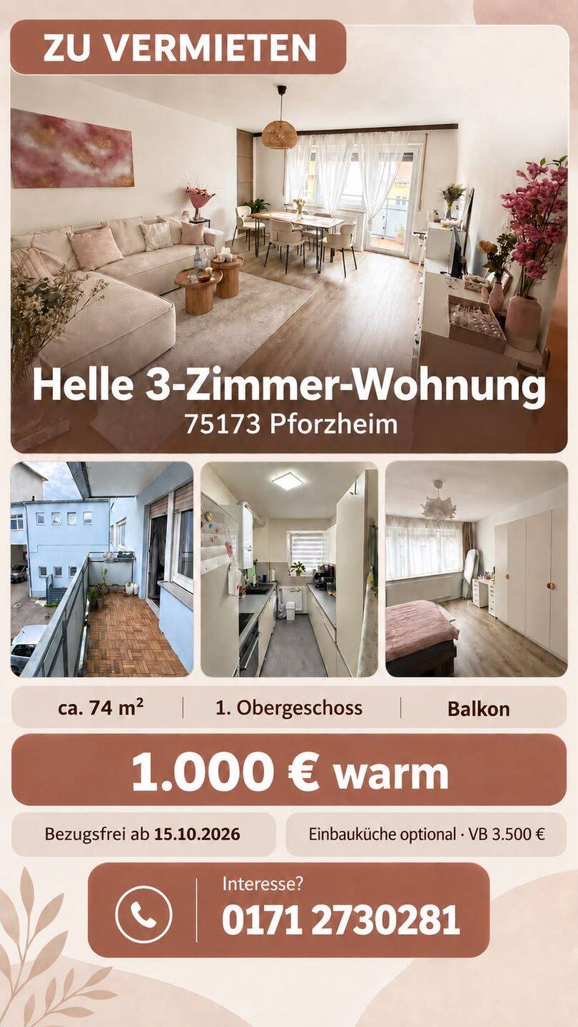 Mietwohnung, 3 Zimmer, 74 m², in Pforzheim, 75173 Pforzheim