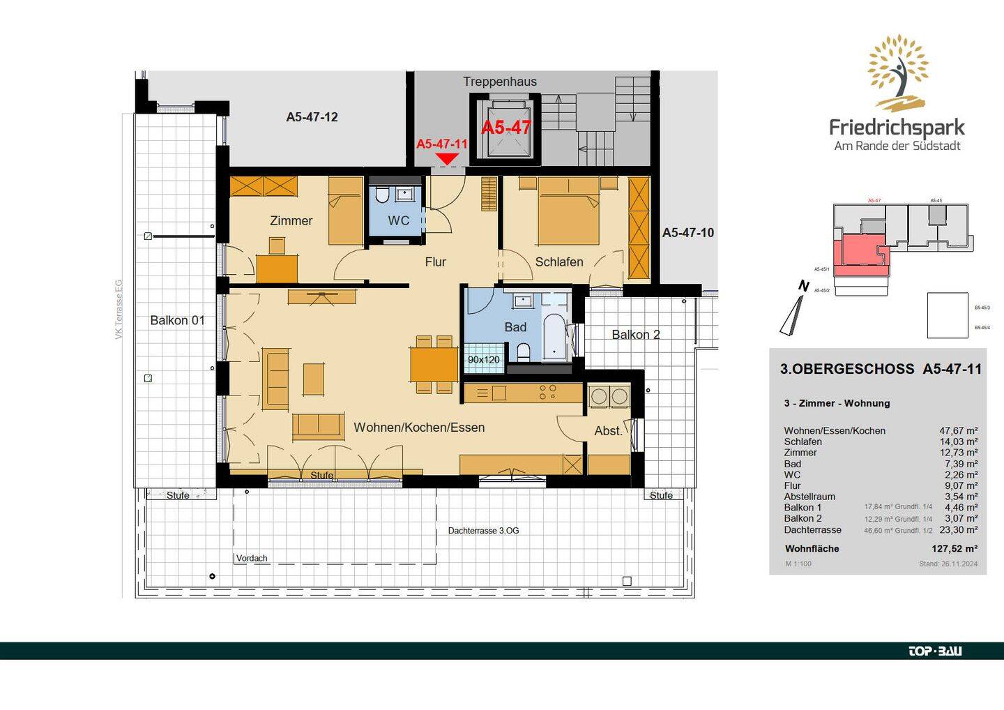 „Friedrichspark“: Große Dachterrasse mit Penthaus-Charakter, geräumiges Tageslichtbad, Wohnküche, Fernblick, KfW 55!, 78050 Villingen-Schwenningen