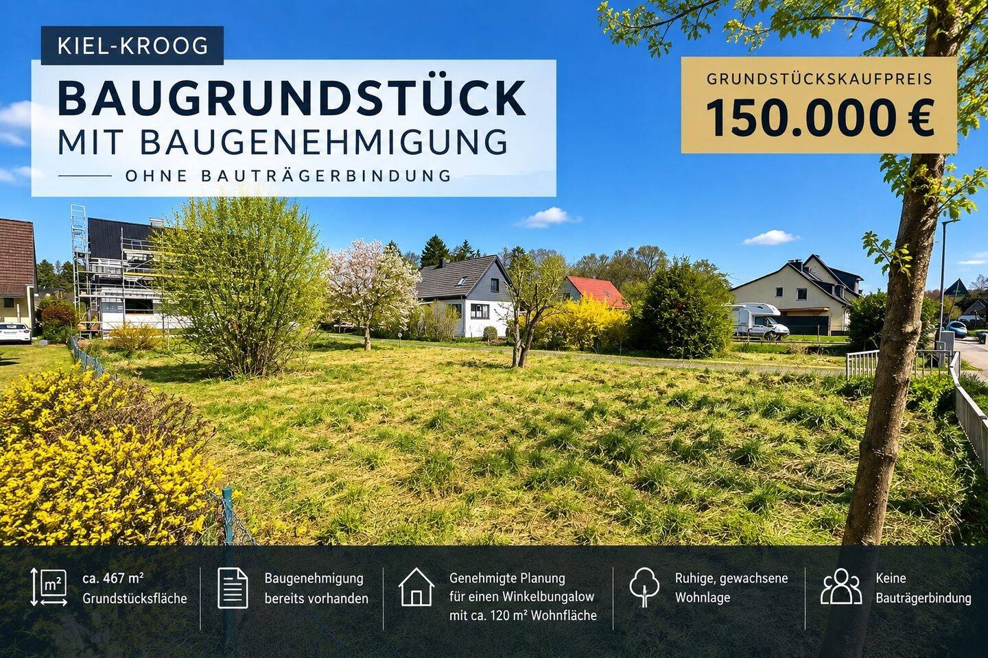 Kiel-Kroog: Baugrundstück mit Baugenehmigung – ohne Bauträgerbindung, 24146 Kiel (Elmschenhagen-Süd)