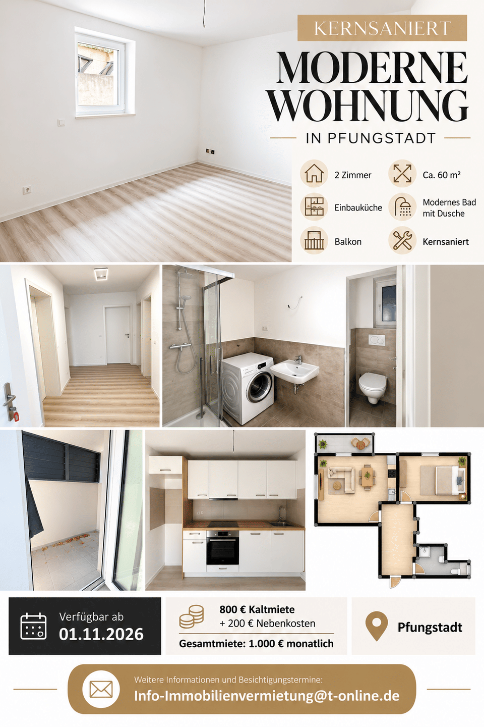Neu Sanierte 2 Zimmer Wohnung mit Einbauküche von Nolte mit E-Geräten im Herzen von Pfungstadt, 64319 Pfungstadt