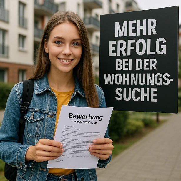 mehr Erfolg bei der Wohnungssuche - Bild zeigt junge Frau vor Mehrfamilienhaus mit Mietbewerbungsschreiben in der Hand