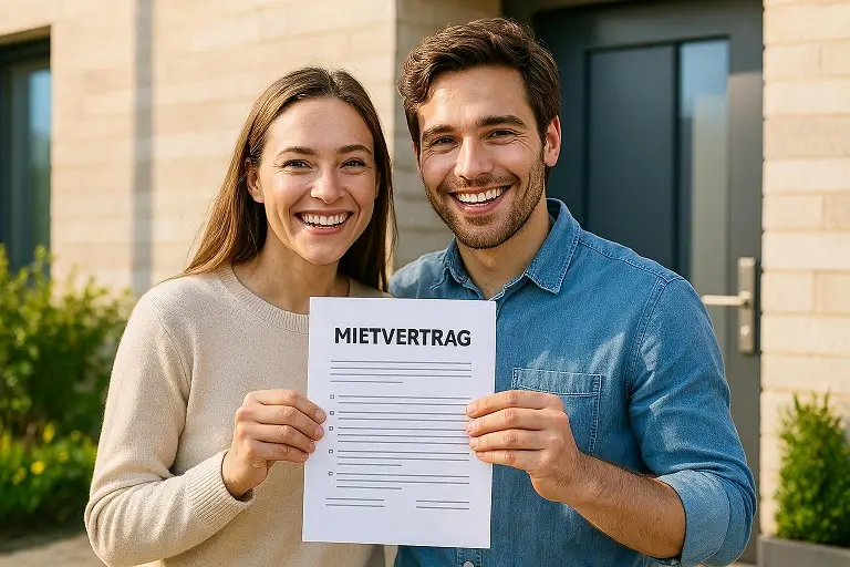 Wohnung mieten leicht gemacht 1 Wohnung mieten leicht gemacht - Bild zeigt glückliches junges Paar, das einen Mietvertrag in der Hand hält.