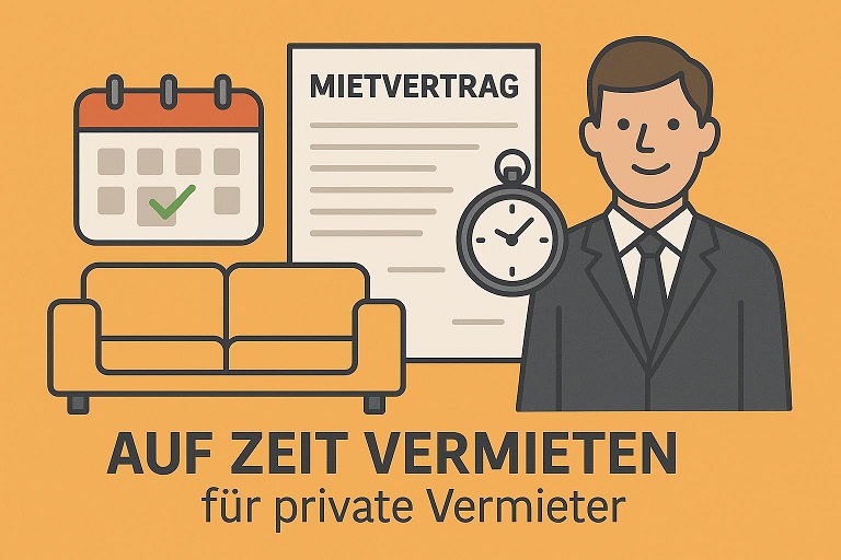 Möbliert Vermieten auf Zeit - Ein Leitfaden für Vermieter 1 möbliert vermieten auf Zeit - Bild zeigt Grafik mit Kalender, Mietvertrag, Sofa, Uhr und Mann im Anzug.