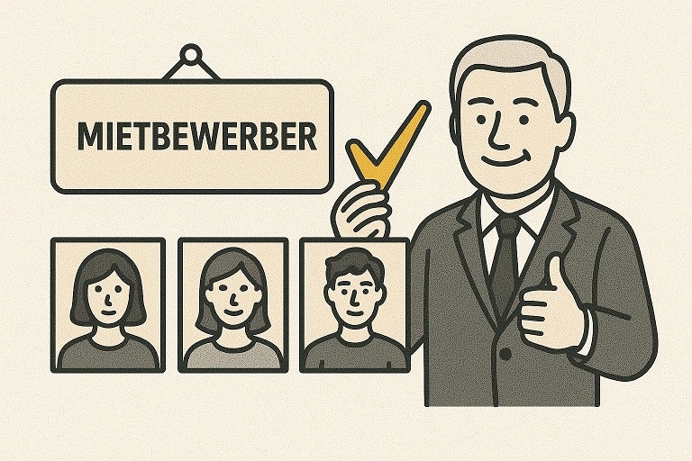 zu viele Mietinteressenten - Bild zeigt Symbolgrafik mit Vermieter , der hinter drei Bewerberfotos steht und Häckchen in der Hand hält