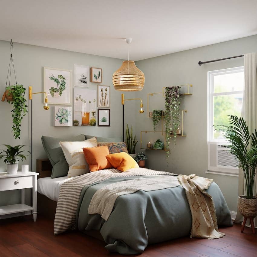 Schlafzimmer mit Pflanzen und Textilien